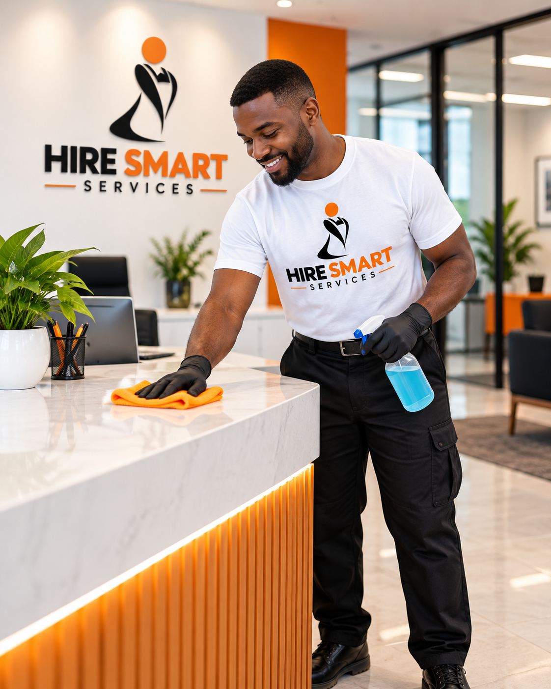 A male Hire Smart Services cleaner wiping a reception counter in a modern office