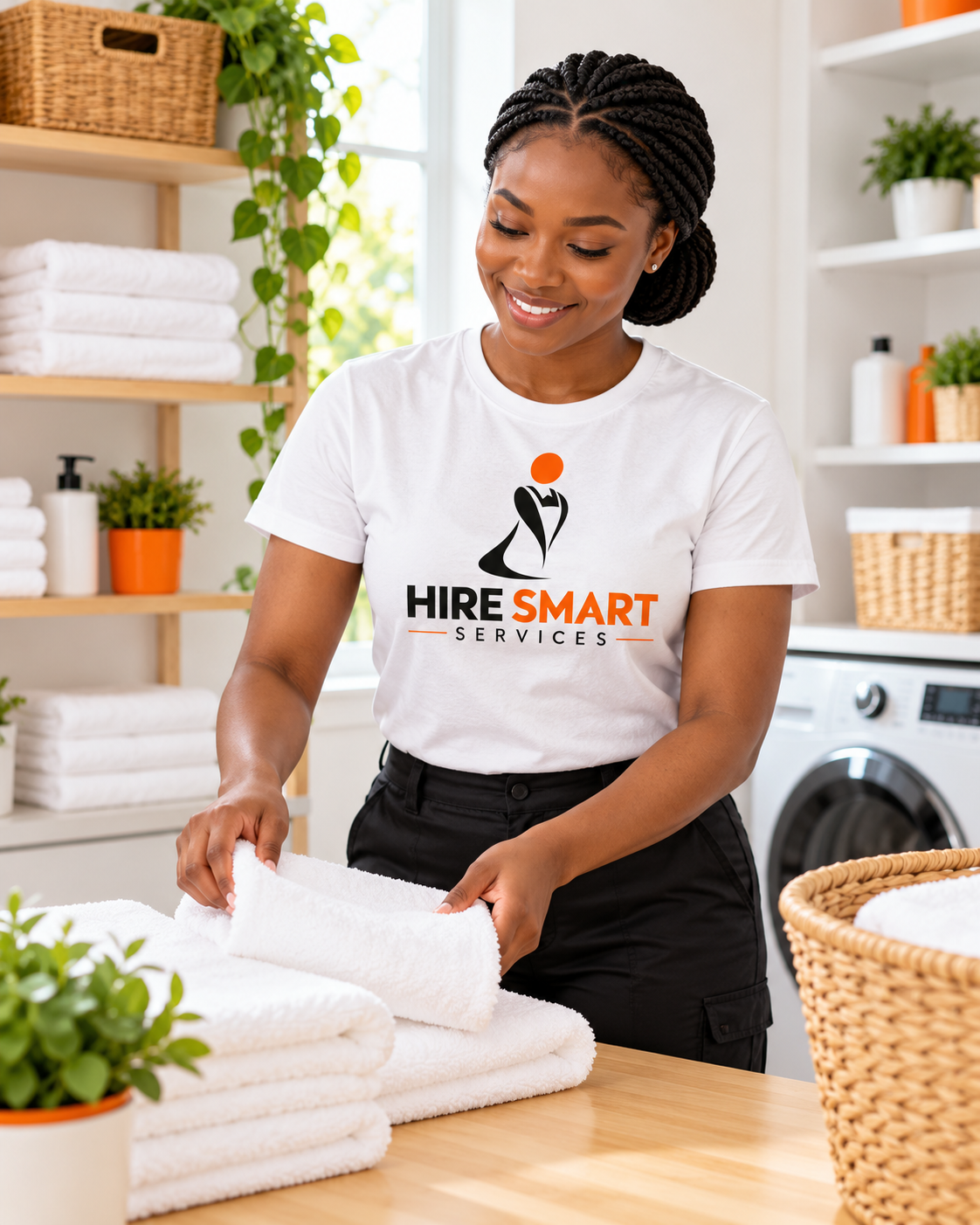 A Hire Smart Services team member folding fresh towels in a bright laundry space