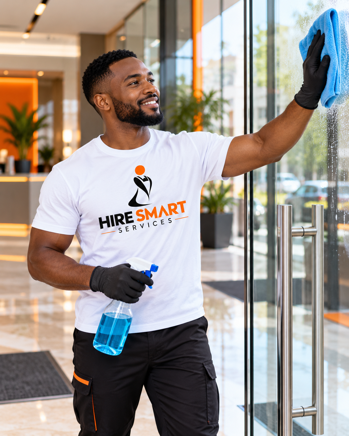 A male Hire Smart Services cleaner polishing a glass entrance with spray and cloth